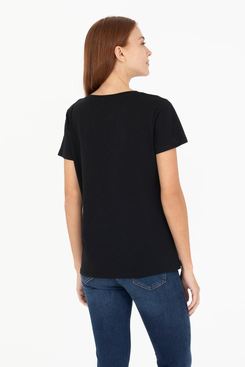 Kadın Siyah Bisiklet Yaka Tişört - 50271647022