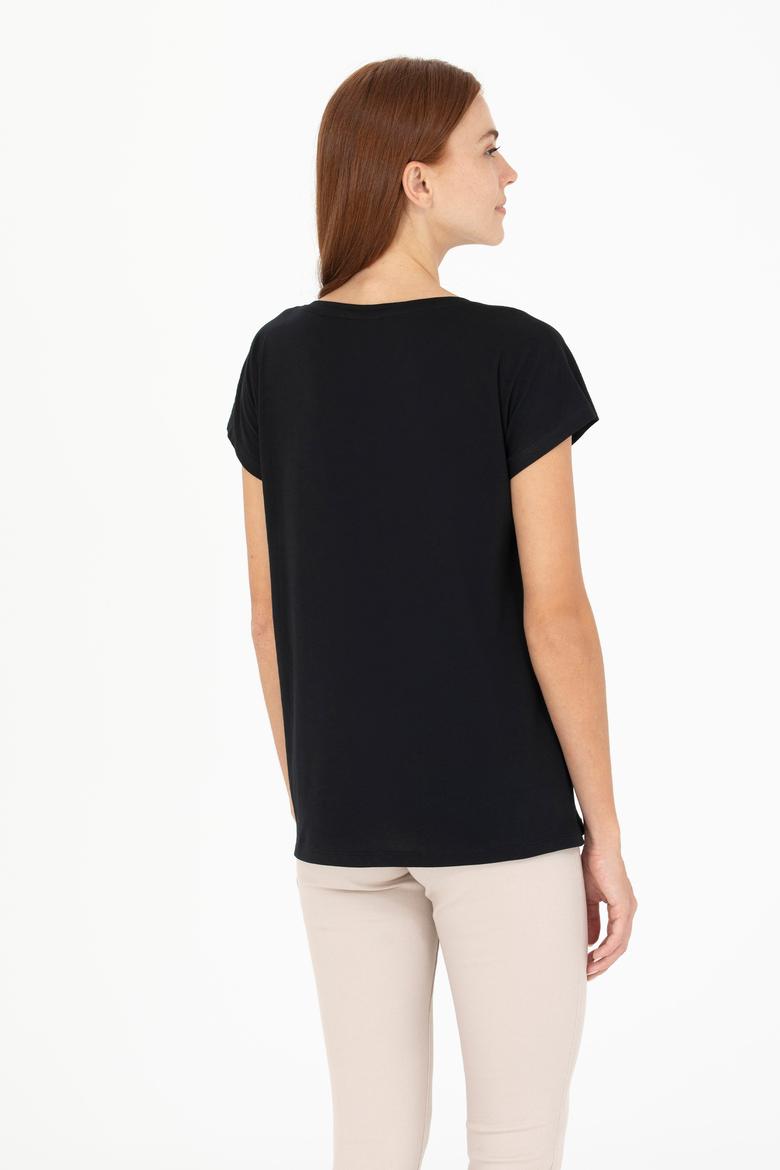 Kadın Siyah V Yaka Tişört - 50266308023