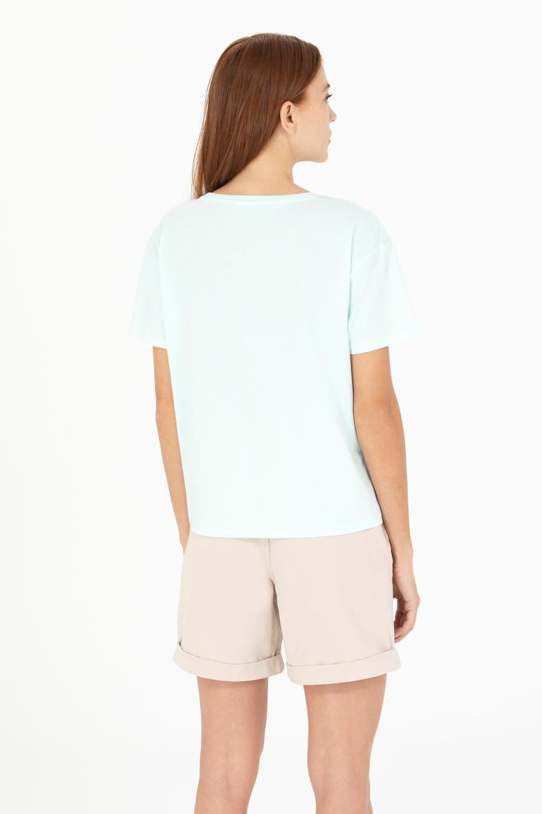 Kadın Su Yeşili Bisiklet Yaka Tişört - 50266362004