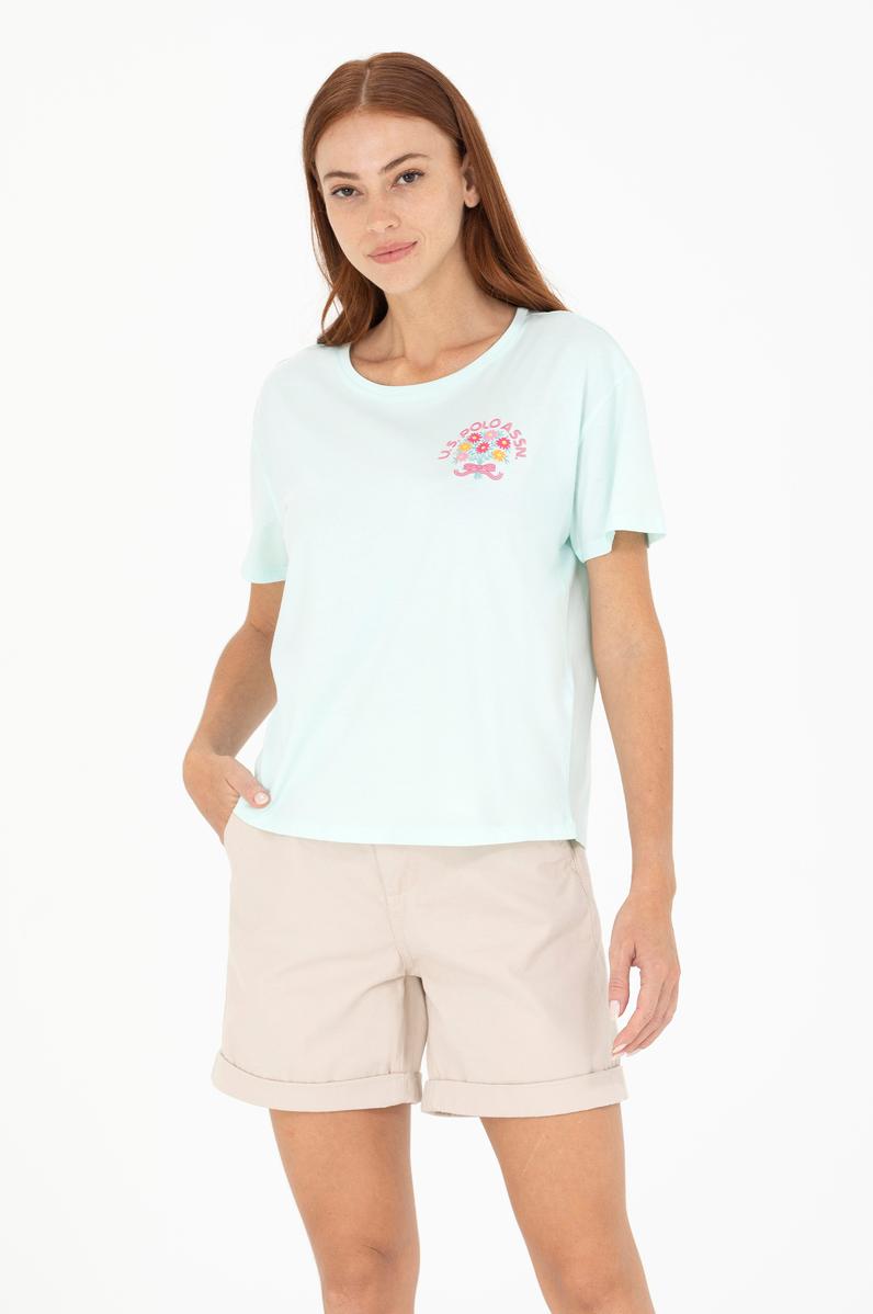 Kadın Su Yeşili Bisiklet Yaka Tişört