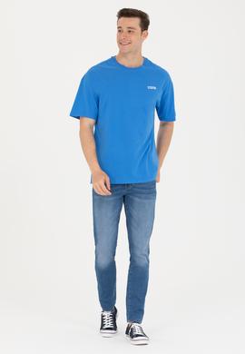 Erkek Saks Oversize Bisiklet Yaka Tişört - 50264935038