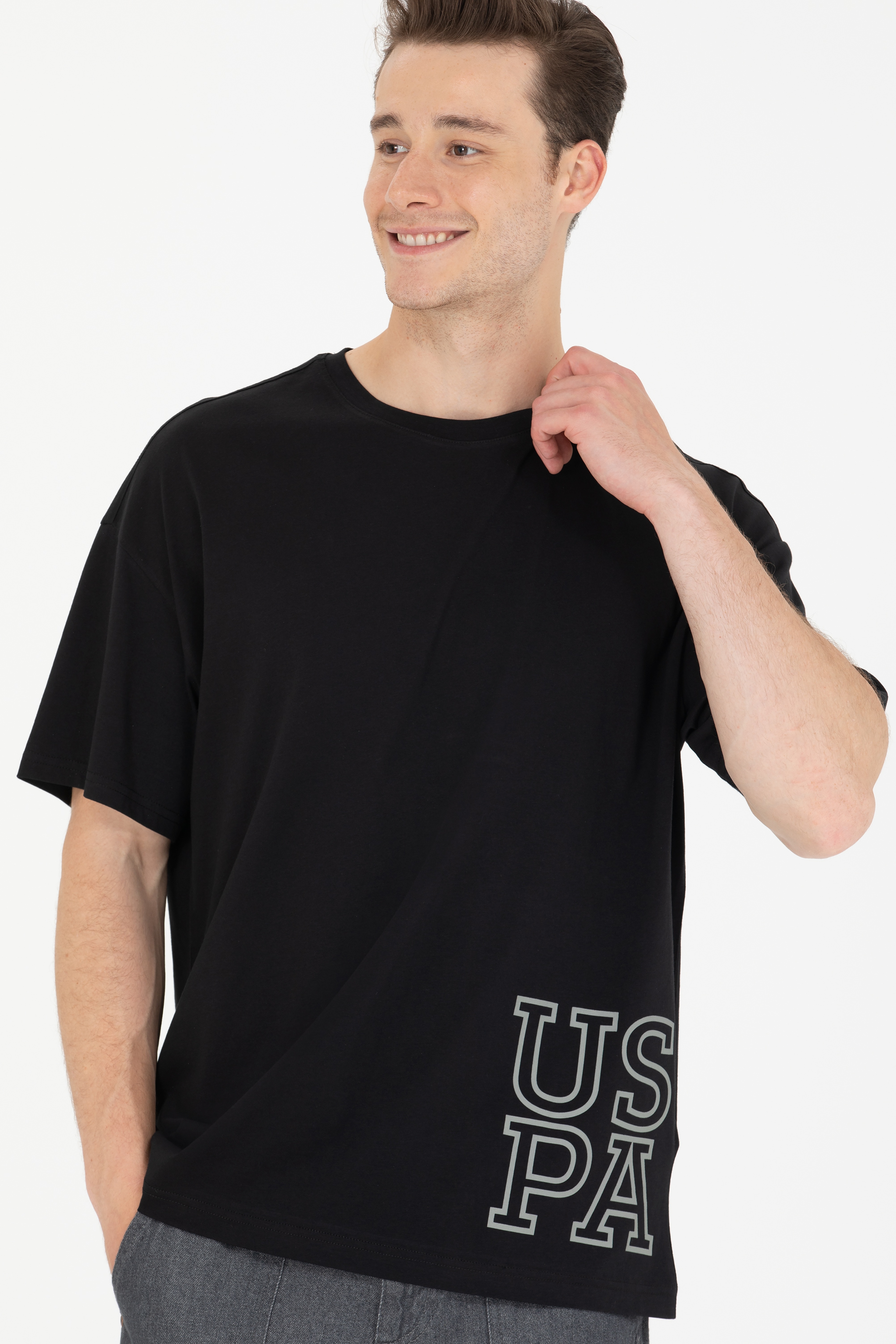 Erkek Siyah Oversize Bisiklet Yaka Tişört - Image 3