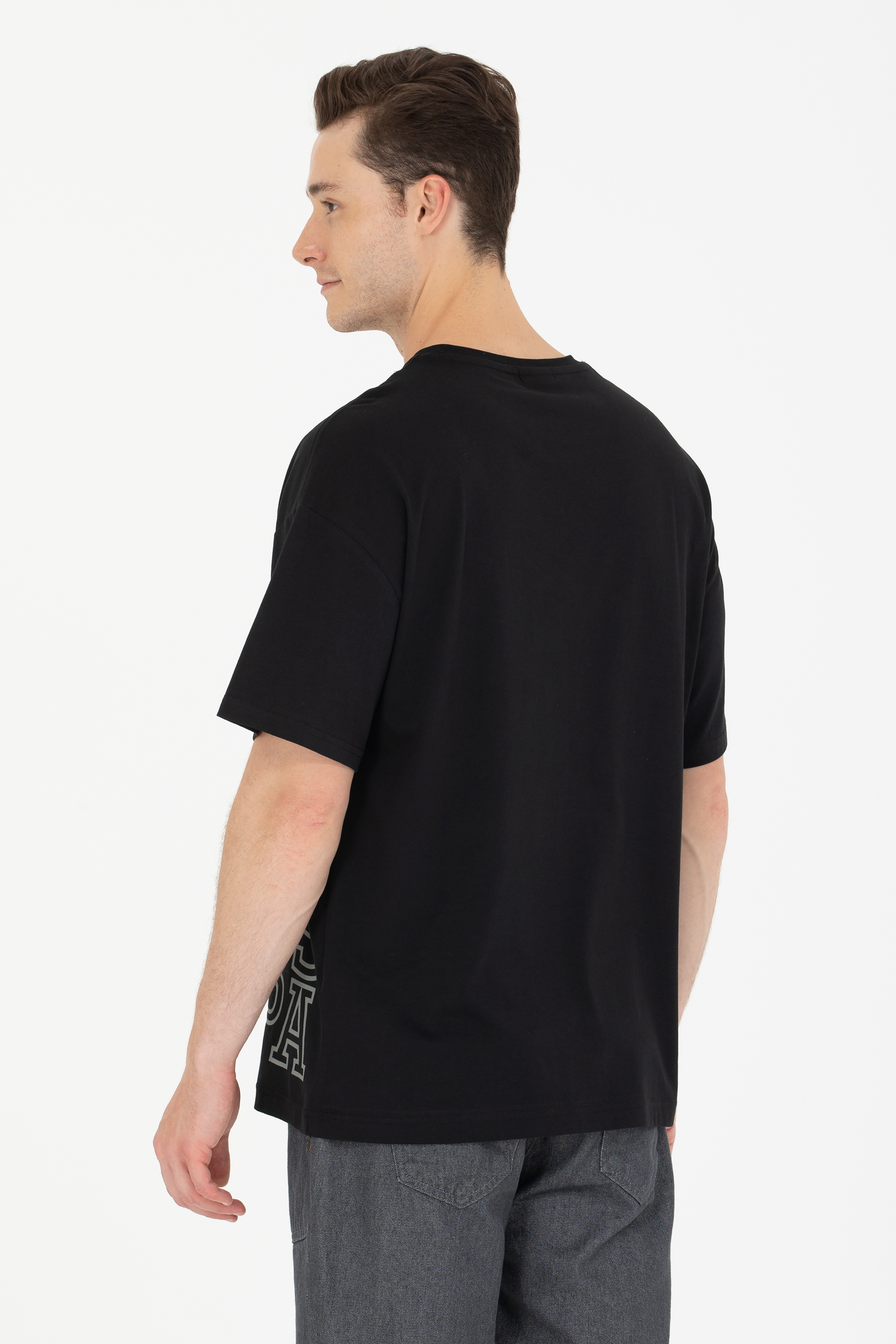 Erkek Siyah Oversize Bisiklet Yaka Tişört