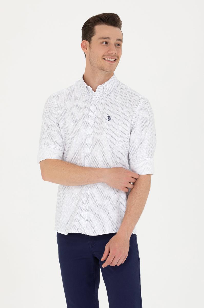 Erkek Lacivert Baskılı Beyaz Gömlek