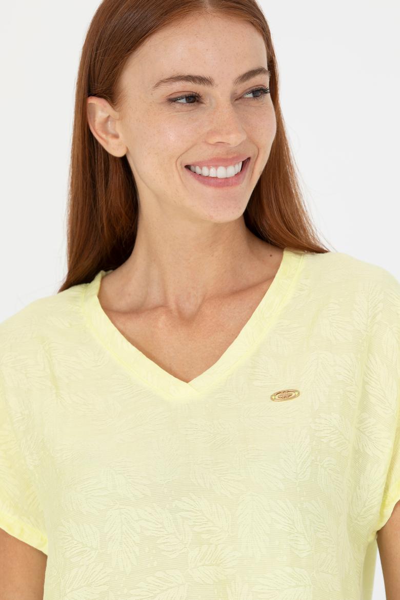 Kadın Açık Sarı V Yaka Tişört - 50263951019