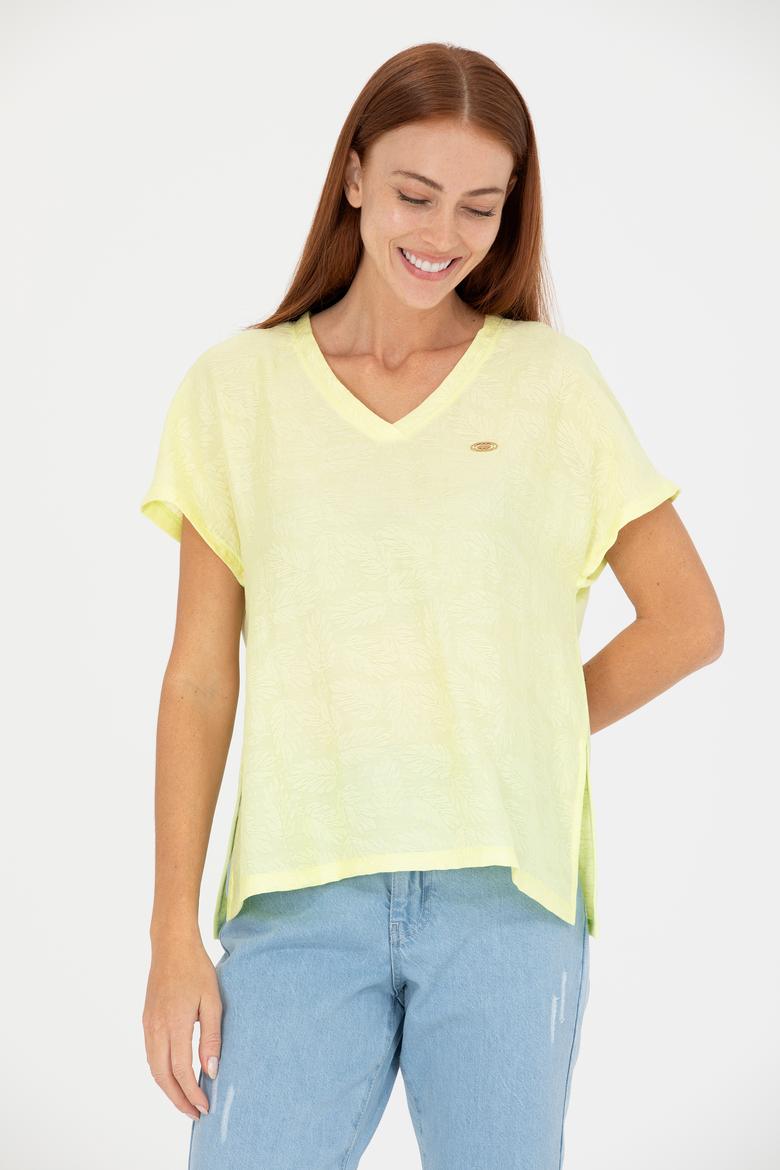 Kadın Açık Sarı V Yaka Tişört - 50263951019