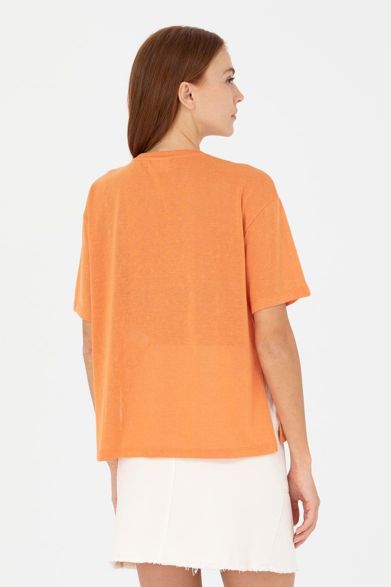 Kadın Kiremit Bisiklet Yaka Tişört - 50263604019