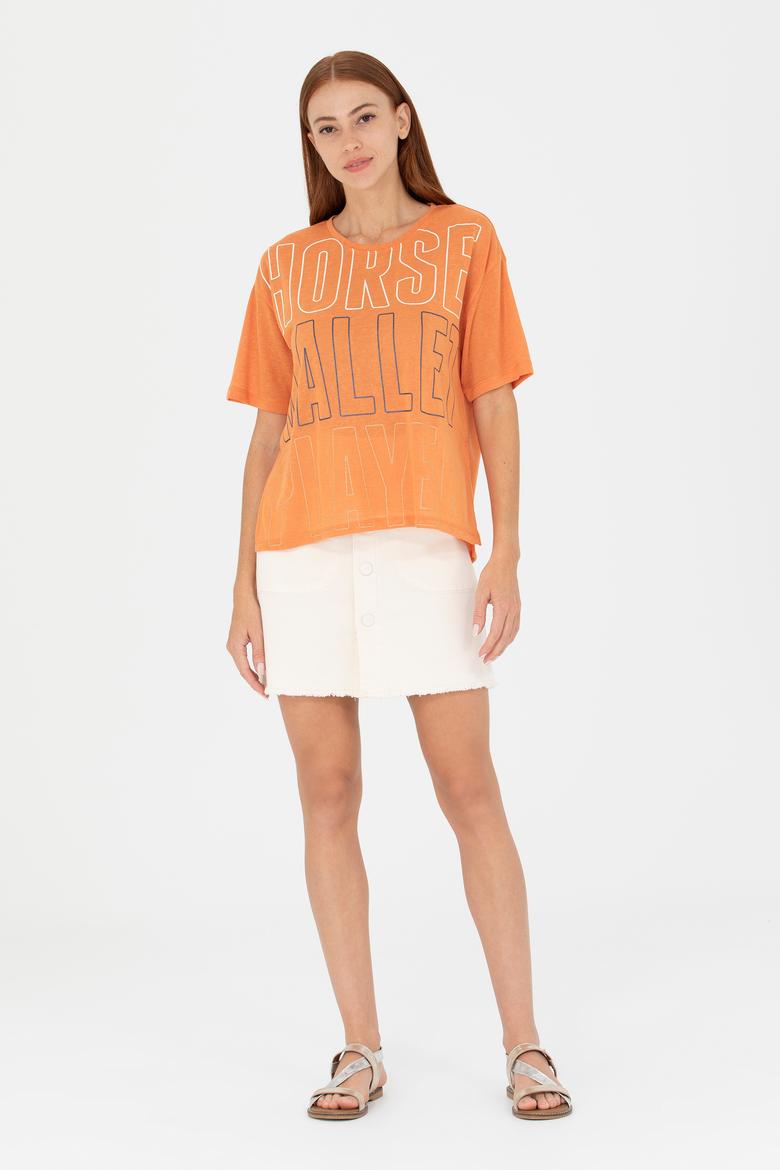 Kadın Kiremit Bisiklet Yaka Tişört - 50263604019