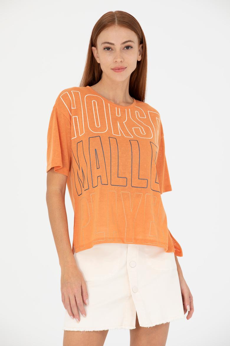 Kadın Kiremit Bisiklet Yaka Tişört - 50263604019