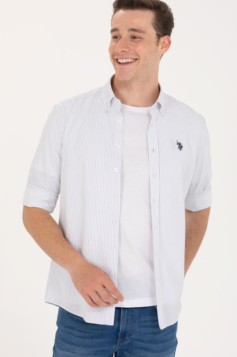 Erkek Saks Çizgili Beyaz Gömlek