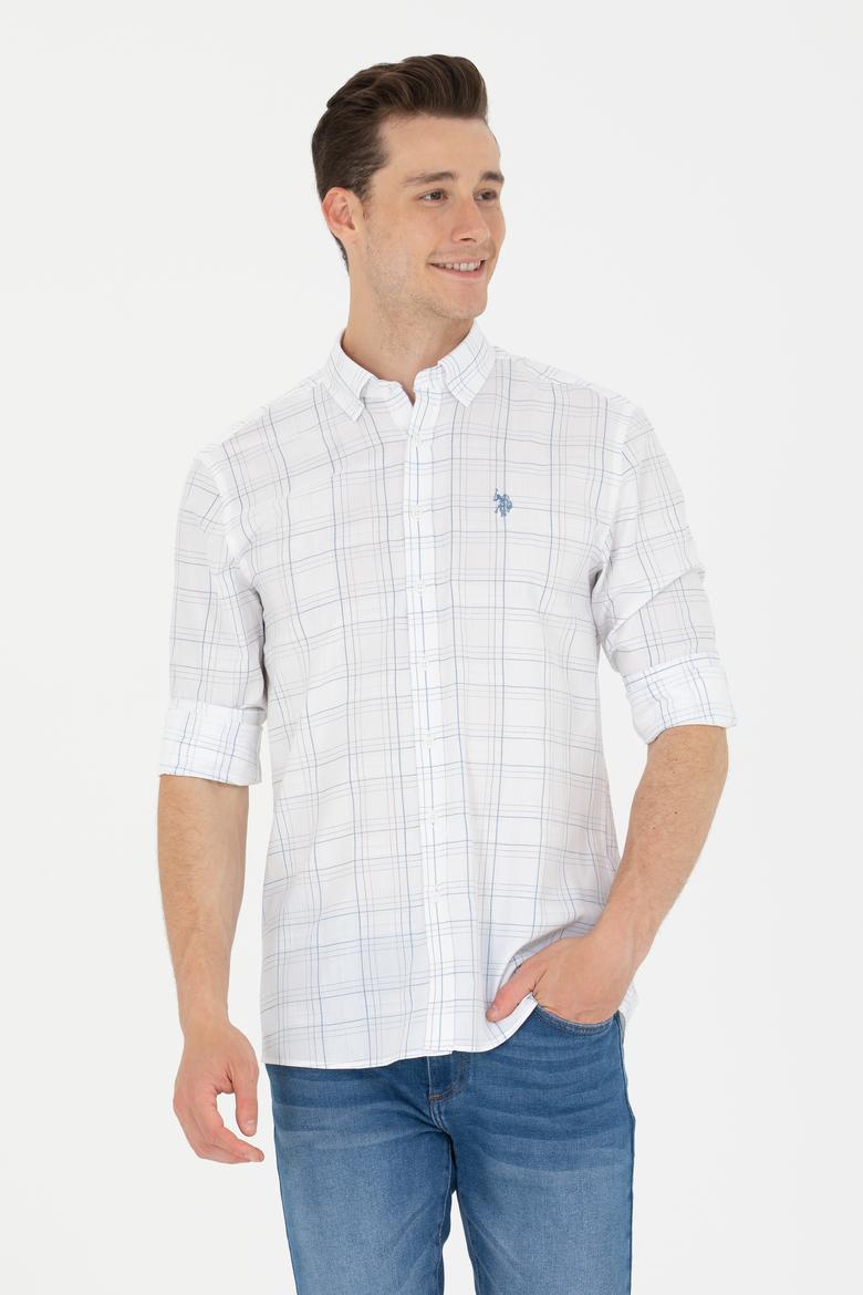 Erkek Mavi Ekoseli Beyaz Gömlek