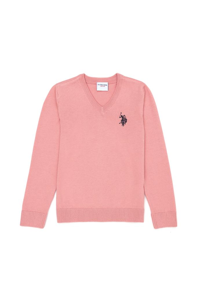 Kız Çocuk Pudra Basic V Yaka Kazak