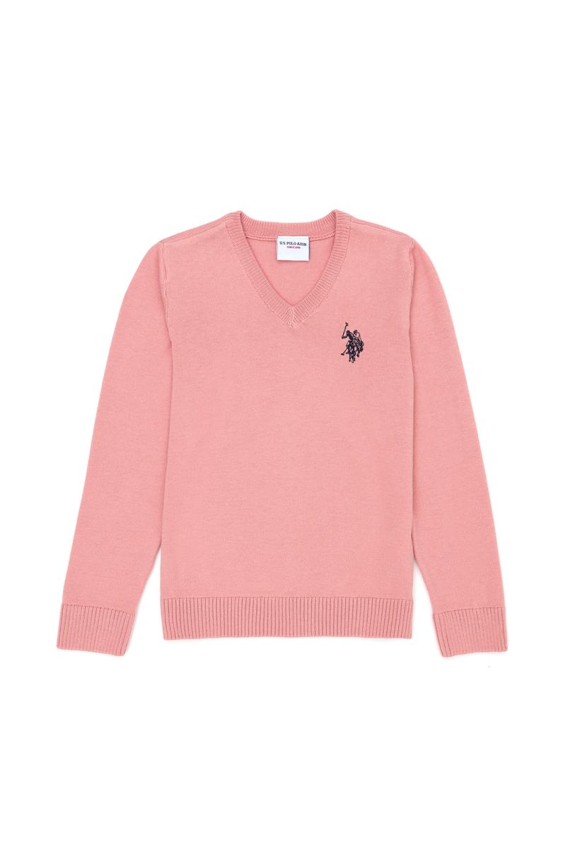 Kız Çocuk Pudra Basic V Yaka Kazak