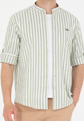 Erkek Haki Çizgili Beyaz Gömlek - 50275861006