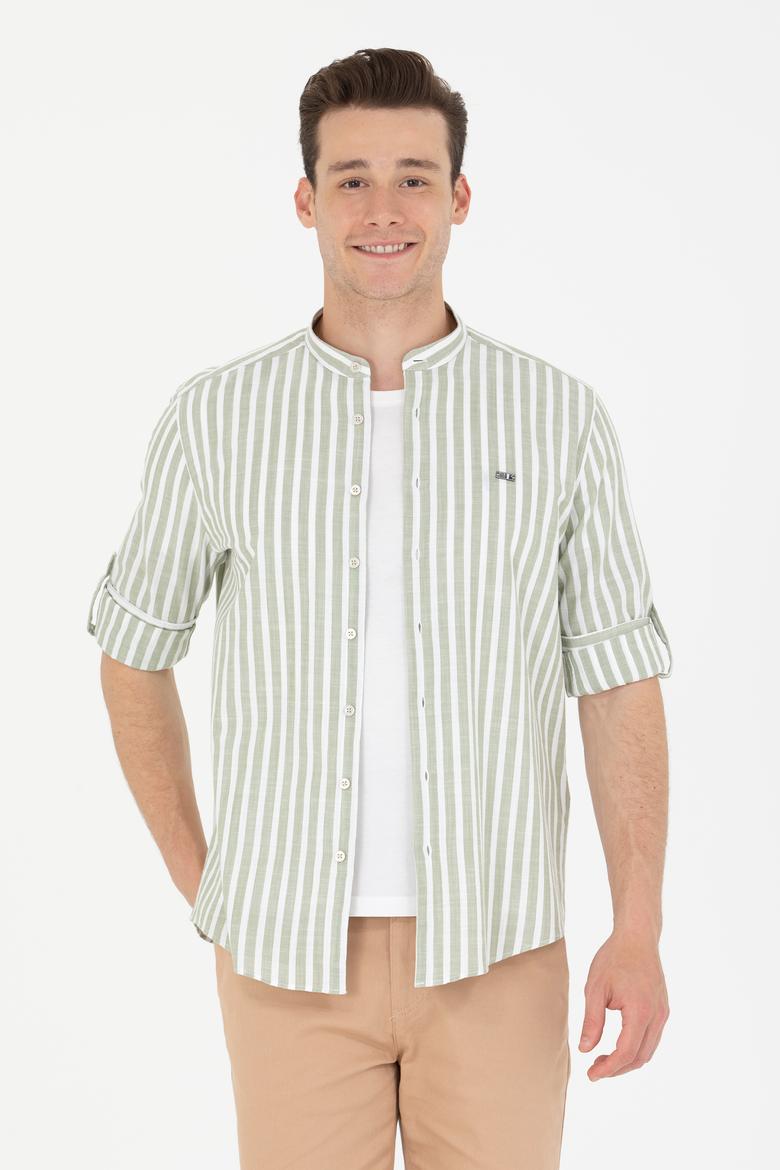 Erkek Haki Çizgili Beyaz Gömlek - 50275861006