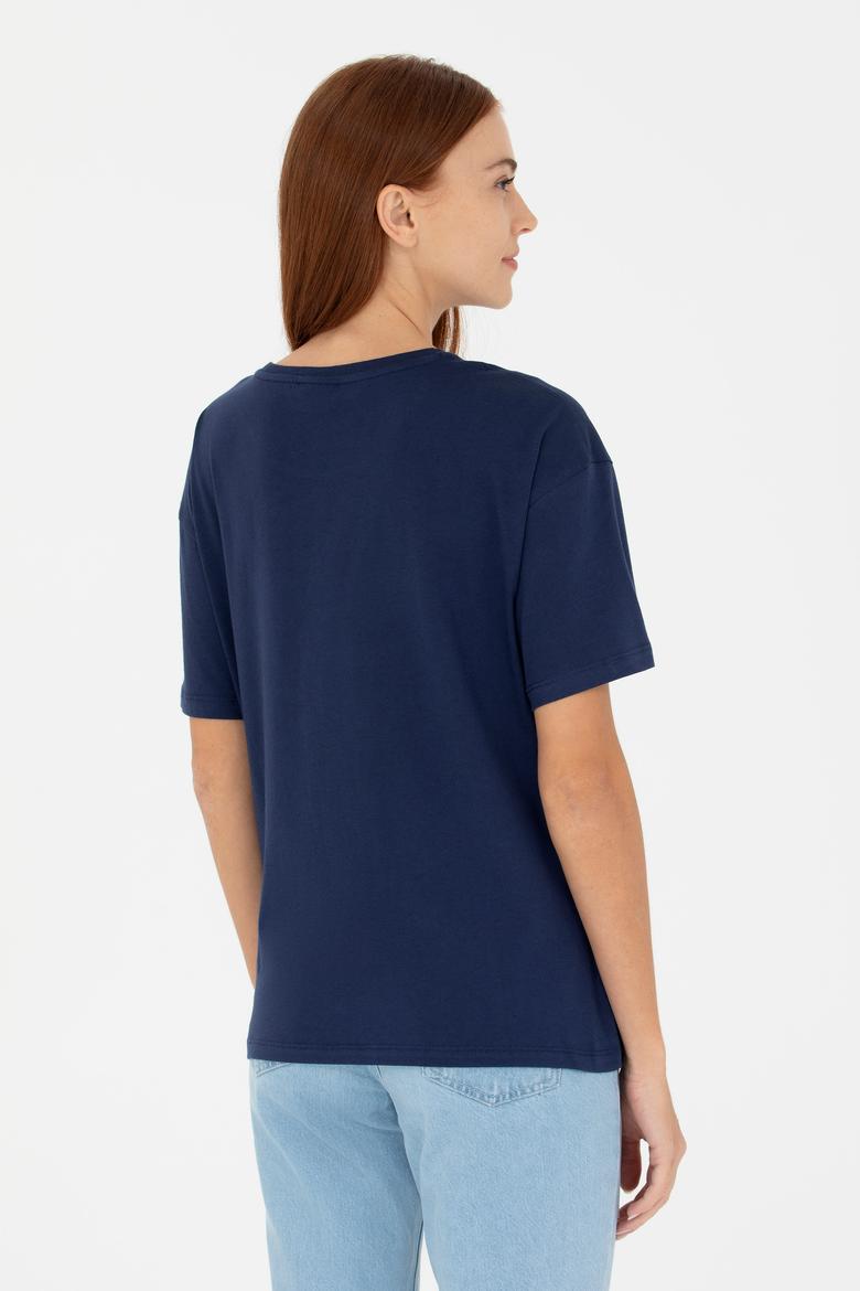 Kadın Lacivert Bisiklet Yaka Tişört - 50266330017