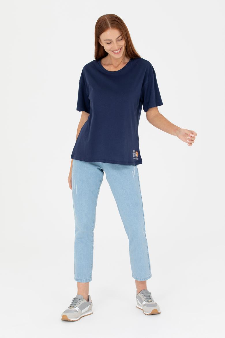 Kadın Lacivert Bisiklet Yaka Tişört - 50266330017