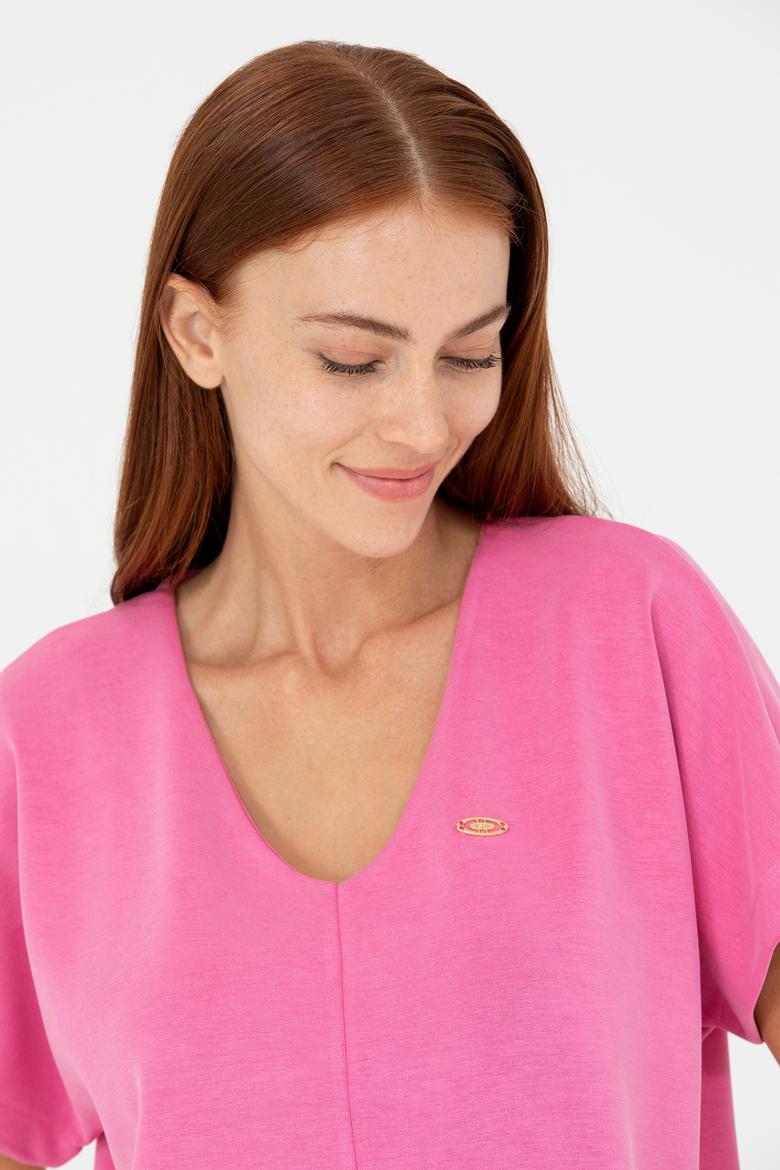 Kadın Pembe V Yaka Tişört - 50267523005