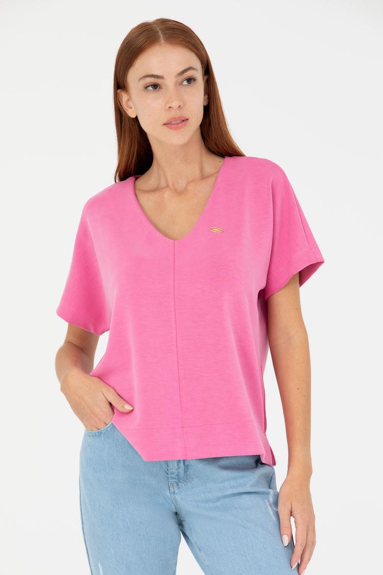 Kadın Pembe V Yaka Tişört - 50267523005