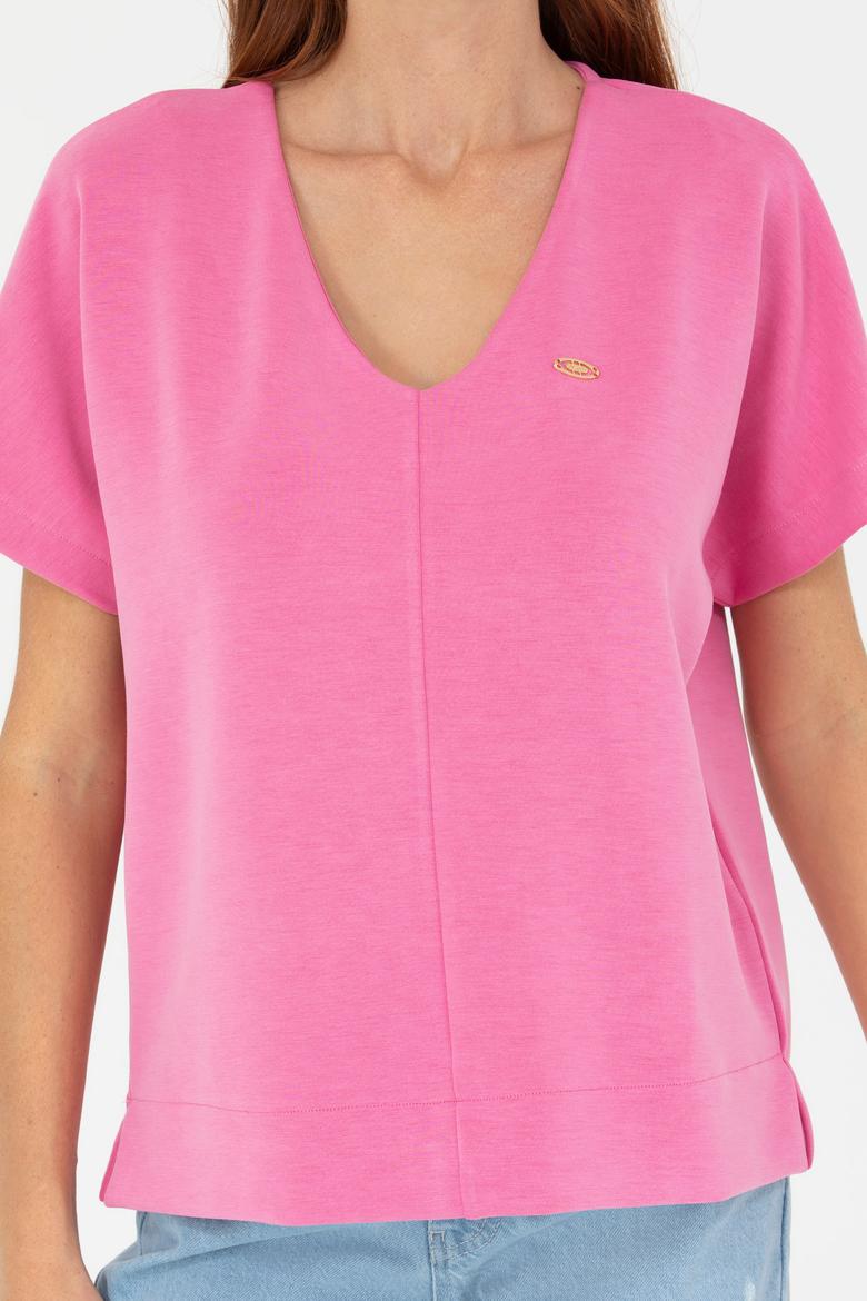 Kadın Pembe V Yaka Tişört - 50267523005