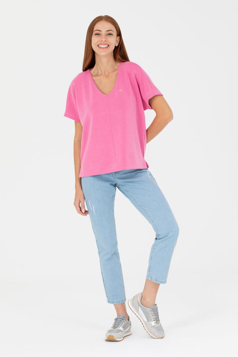 Kadın Pembe V Yaka Tişört - 50267523005