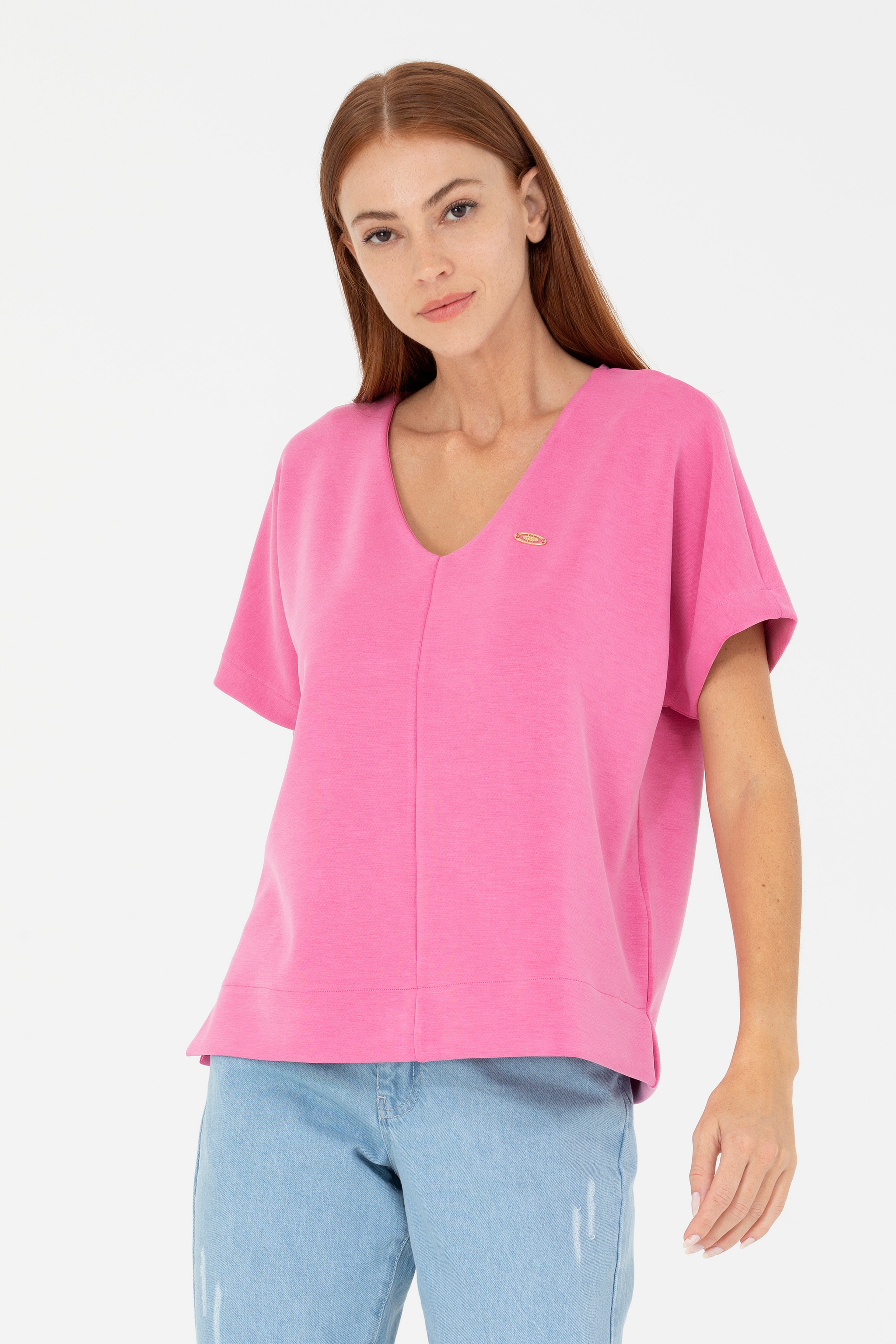 Kadın Pembe V Yaka Tişört - Image 1