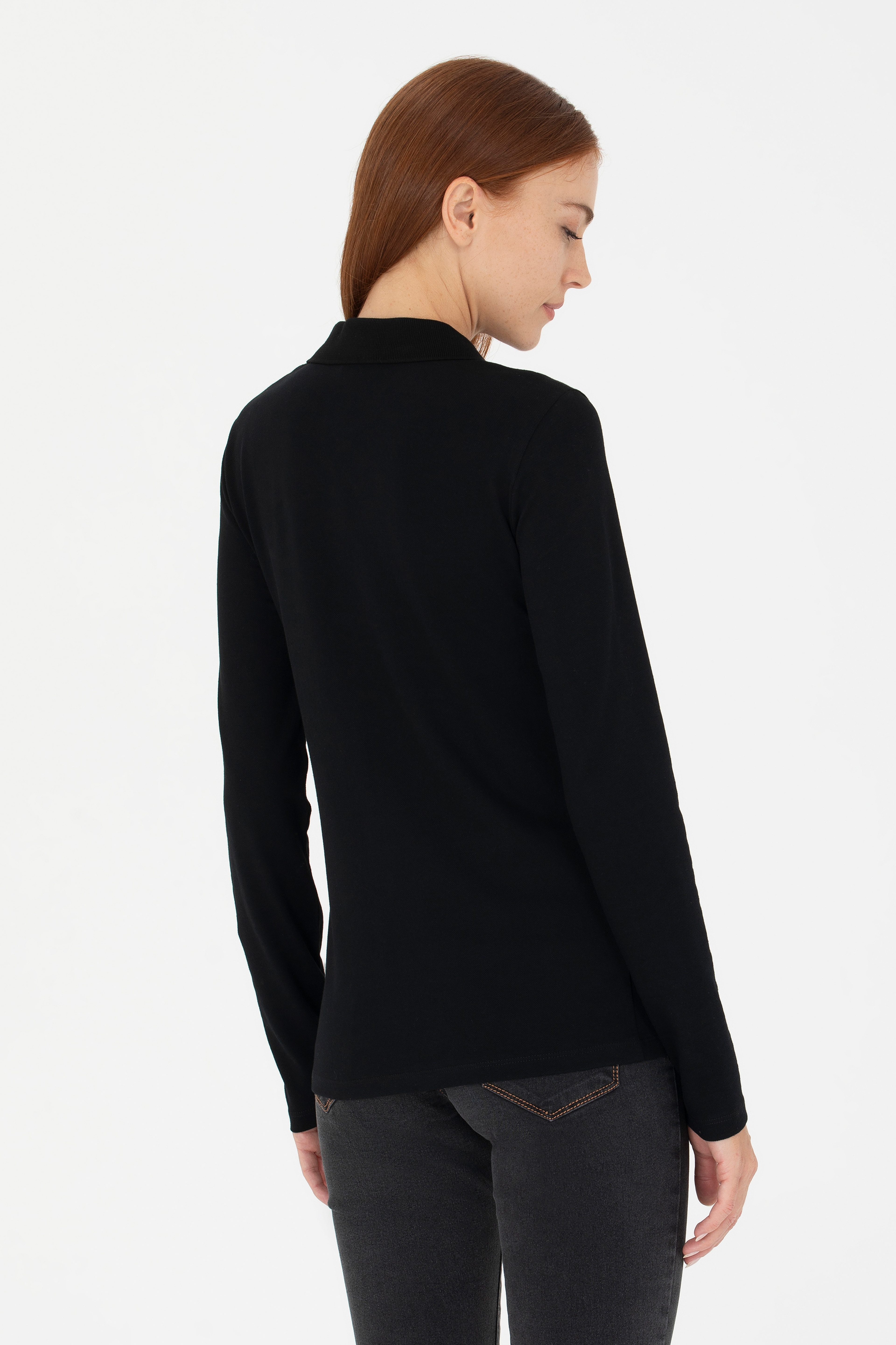 Kadın Siyah Basic Polo Yaka Sweatshirt