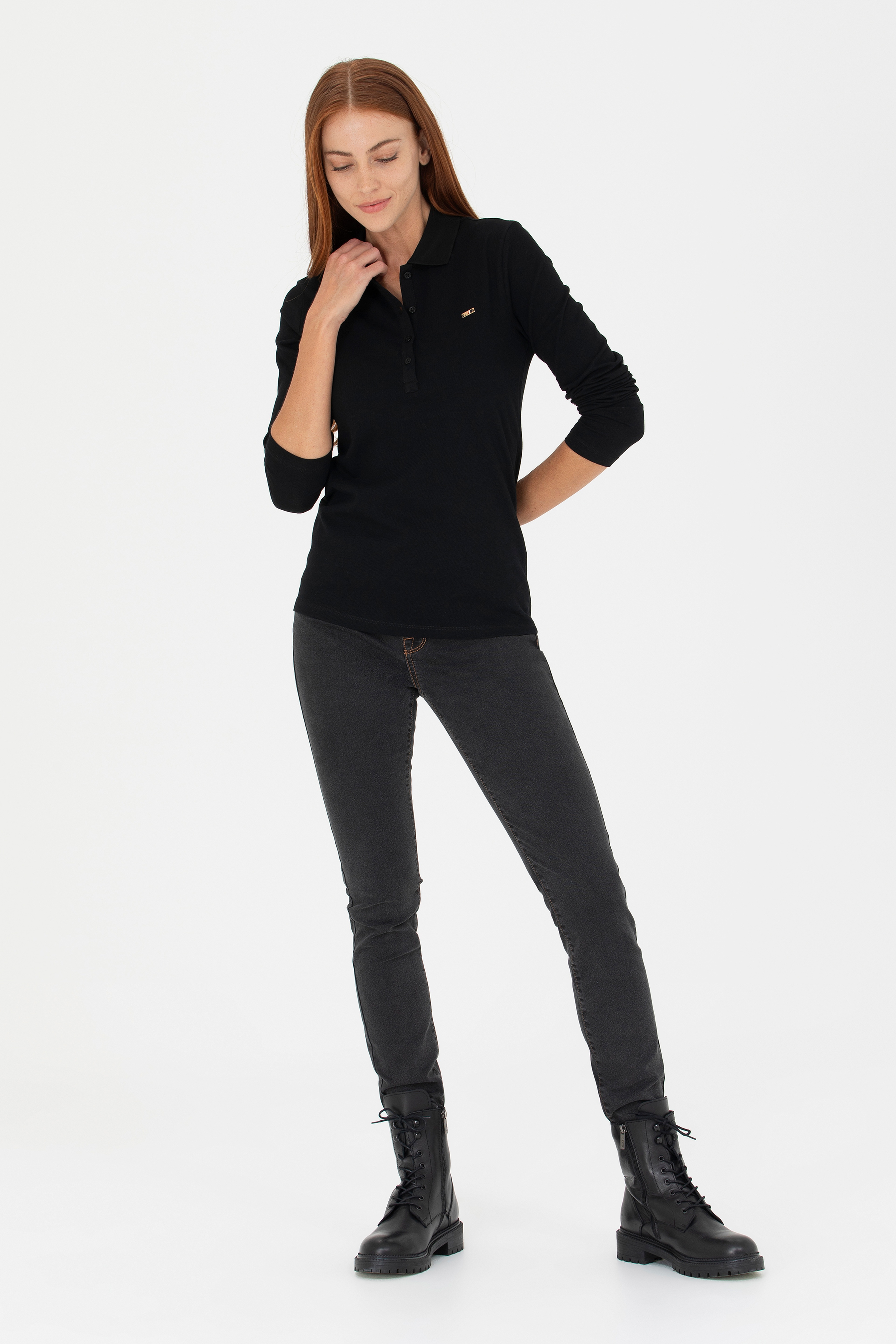 Kadın Siyah Basic Polo Yaka Sweatshirt