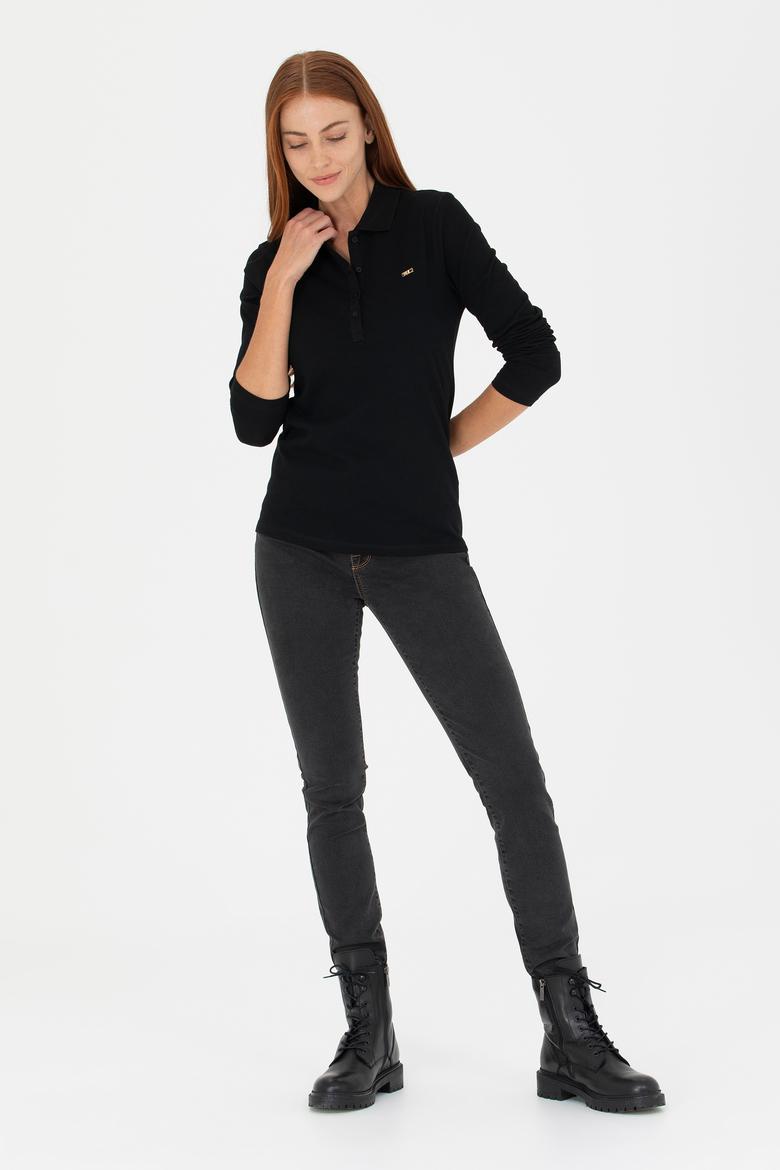 Kadın Siyah Basic Polo Yaka Sweatshirt - 50276160022