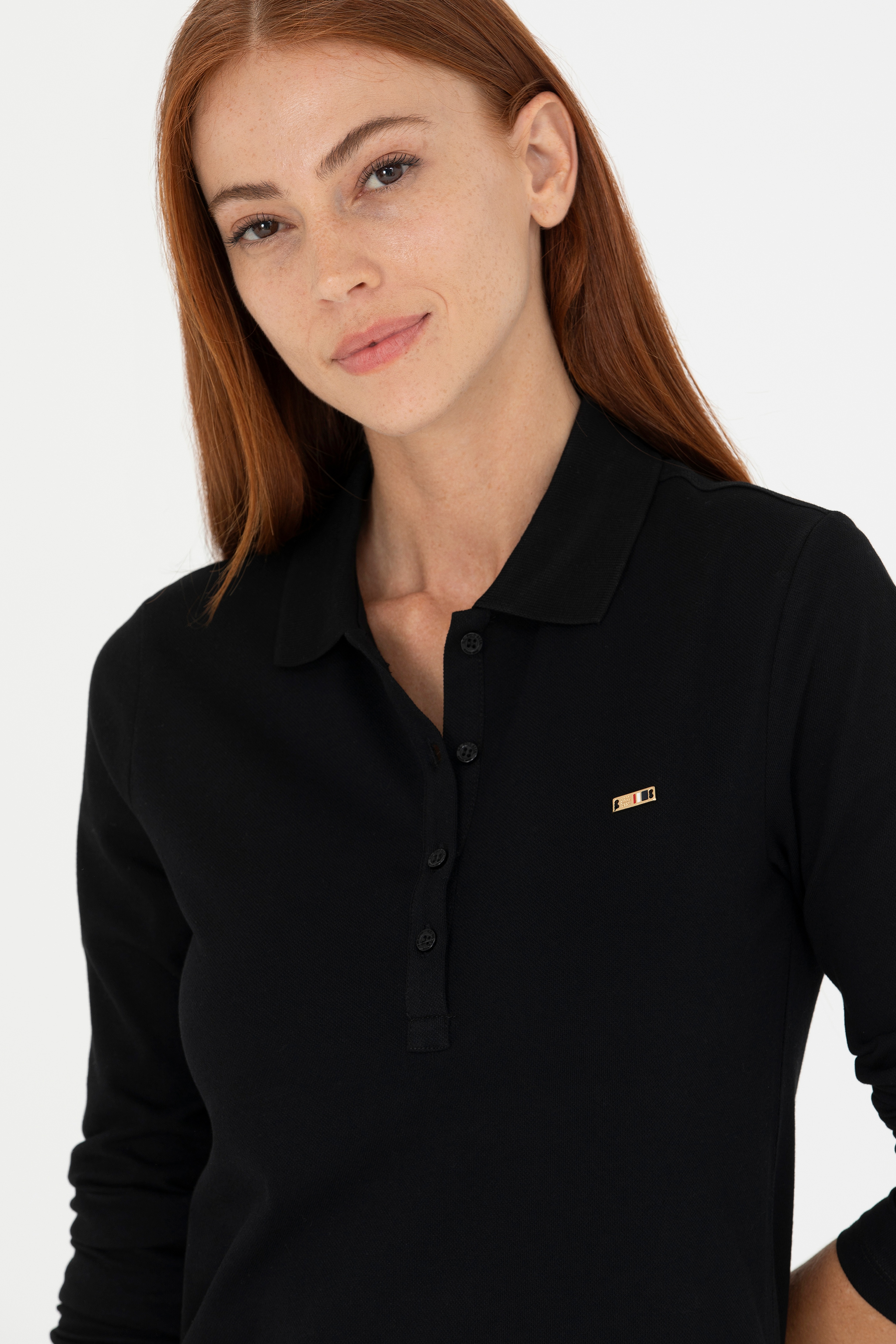 Kadın Siyah Basic Polo Yaka Sweatshirt - Image 2