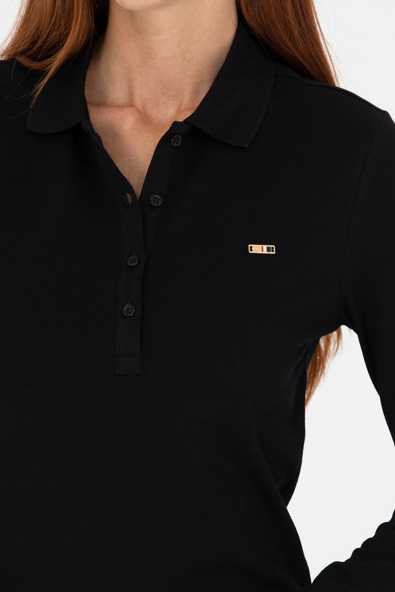 Kadın Siyah Basic Polo Yaka Sweatshirt - 50276160022