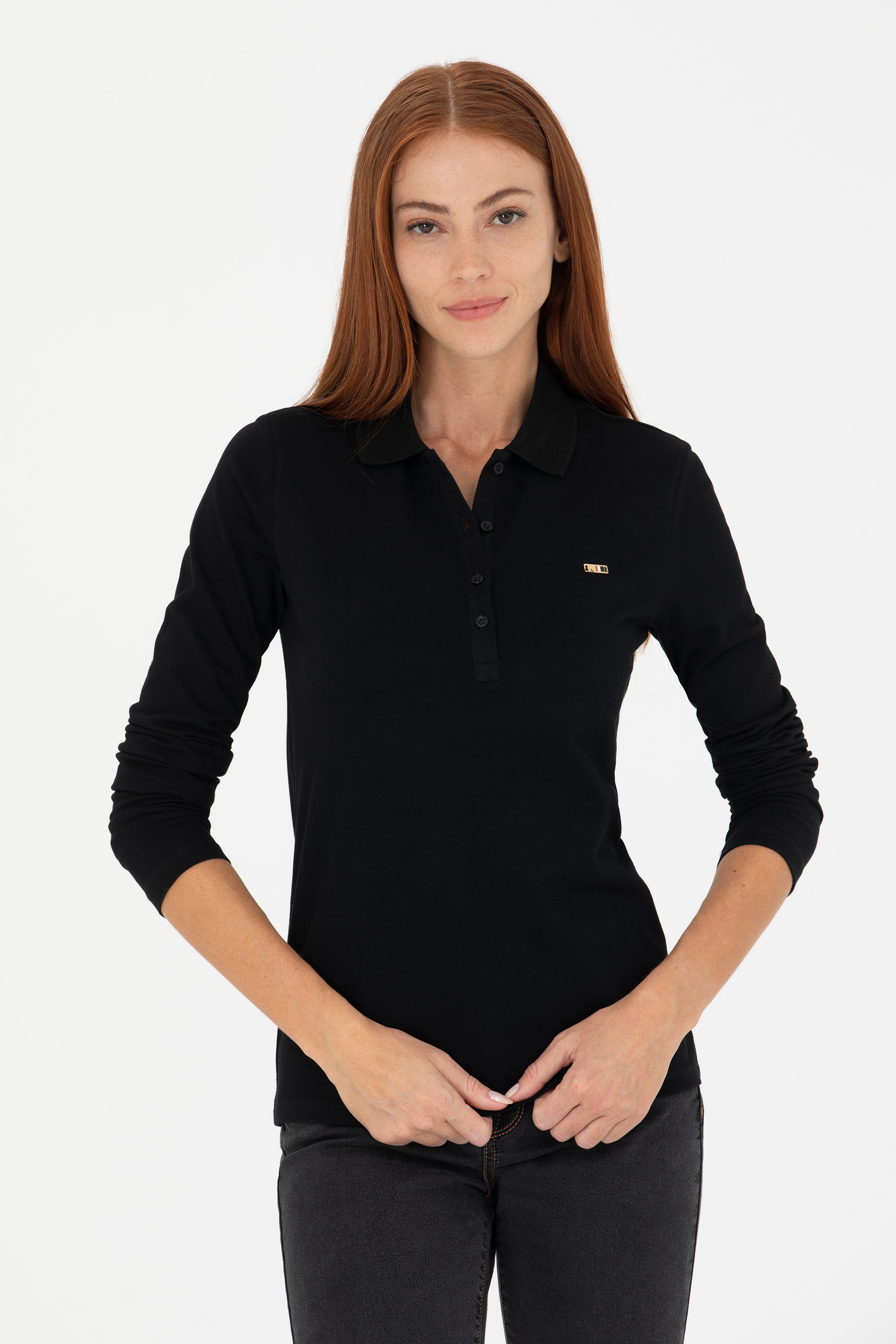 Kadın Siyah Basic Polo Yaka Sweatshirt