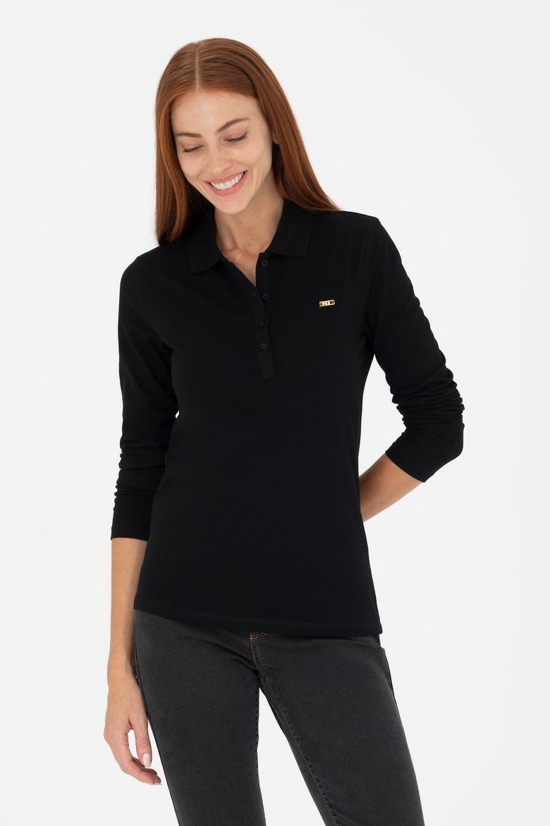 Kadın Siyah Basic Polo Yaka Sweatshirt