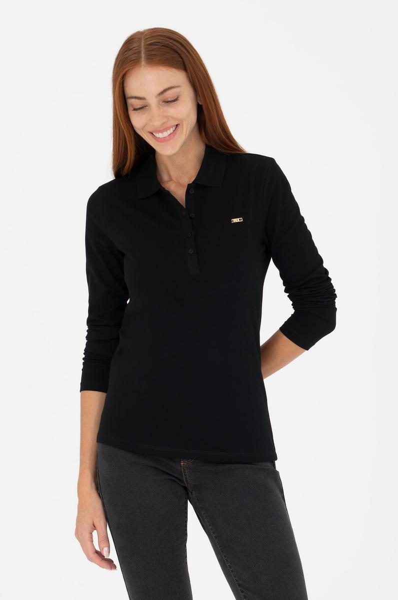 Kadın Siyah Basic Polo Yaka Sweatshirt