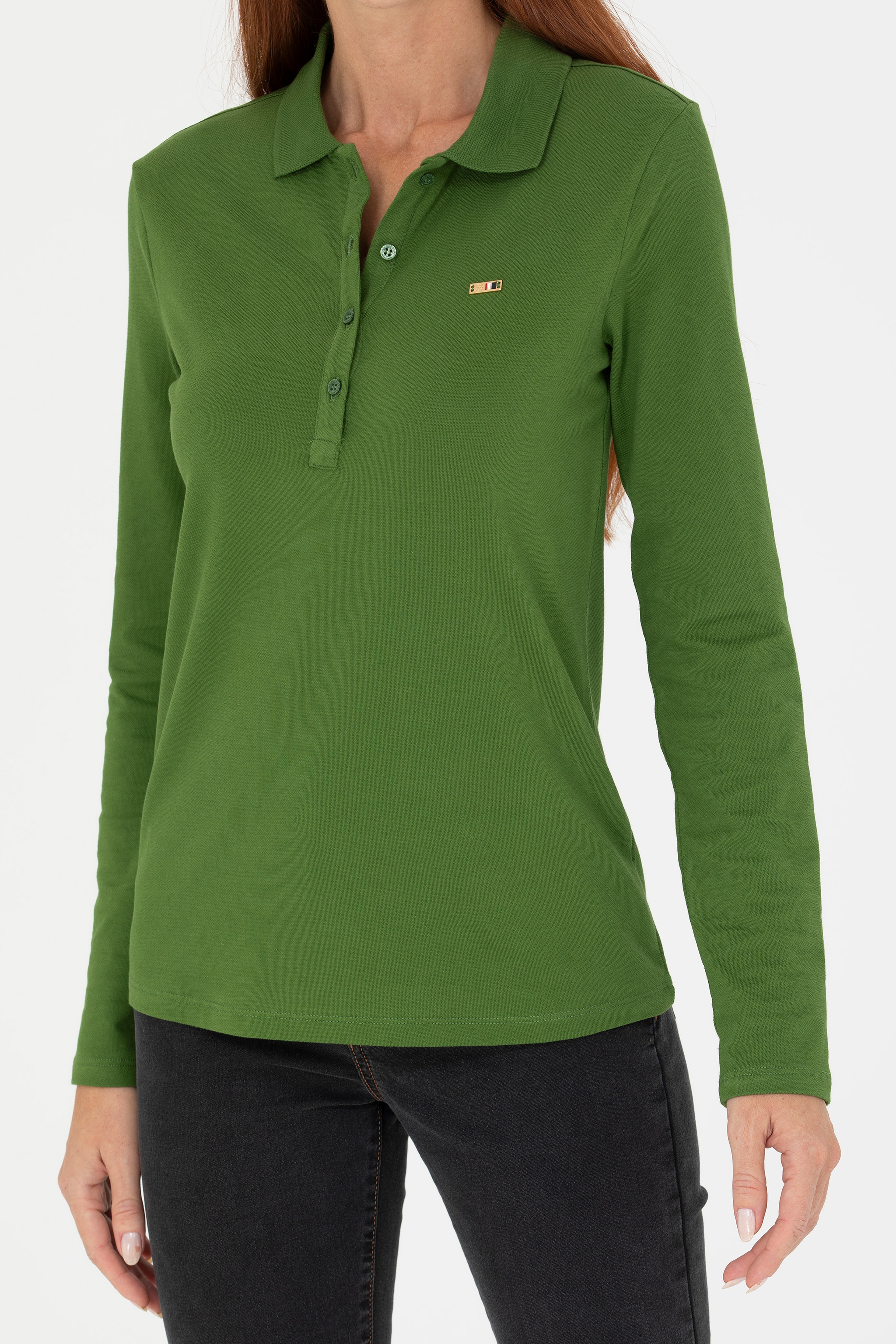 Kadın Yeşil Basic Polo Yaka Sweatshirt - Image 6