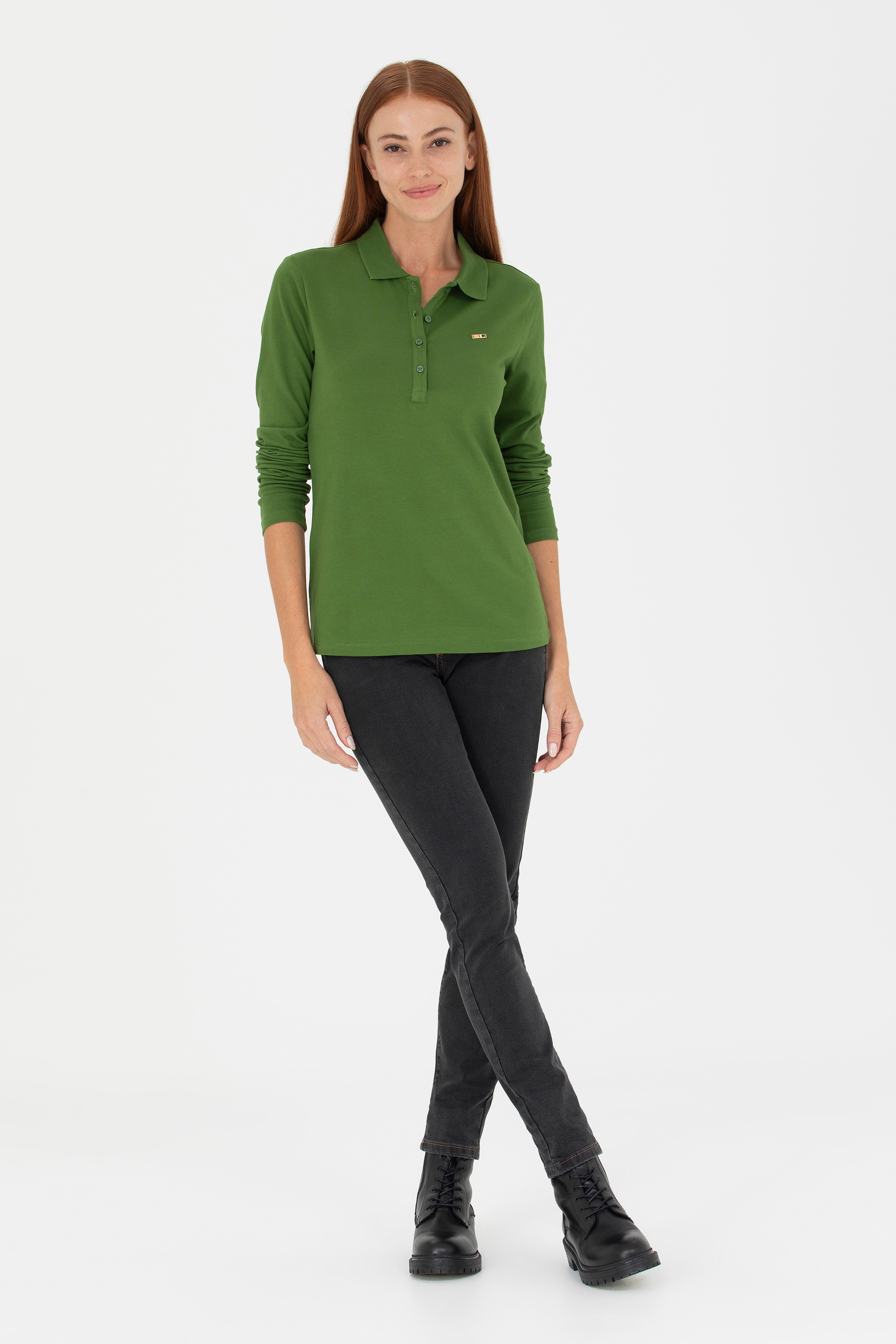 Kadın Yeşil Basic Polo Yaka Sweatshirt - Image 4