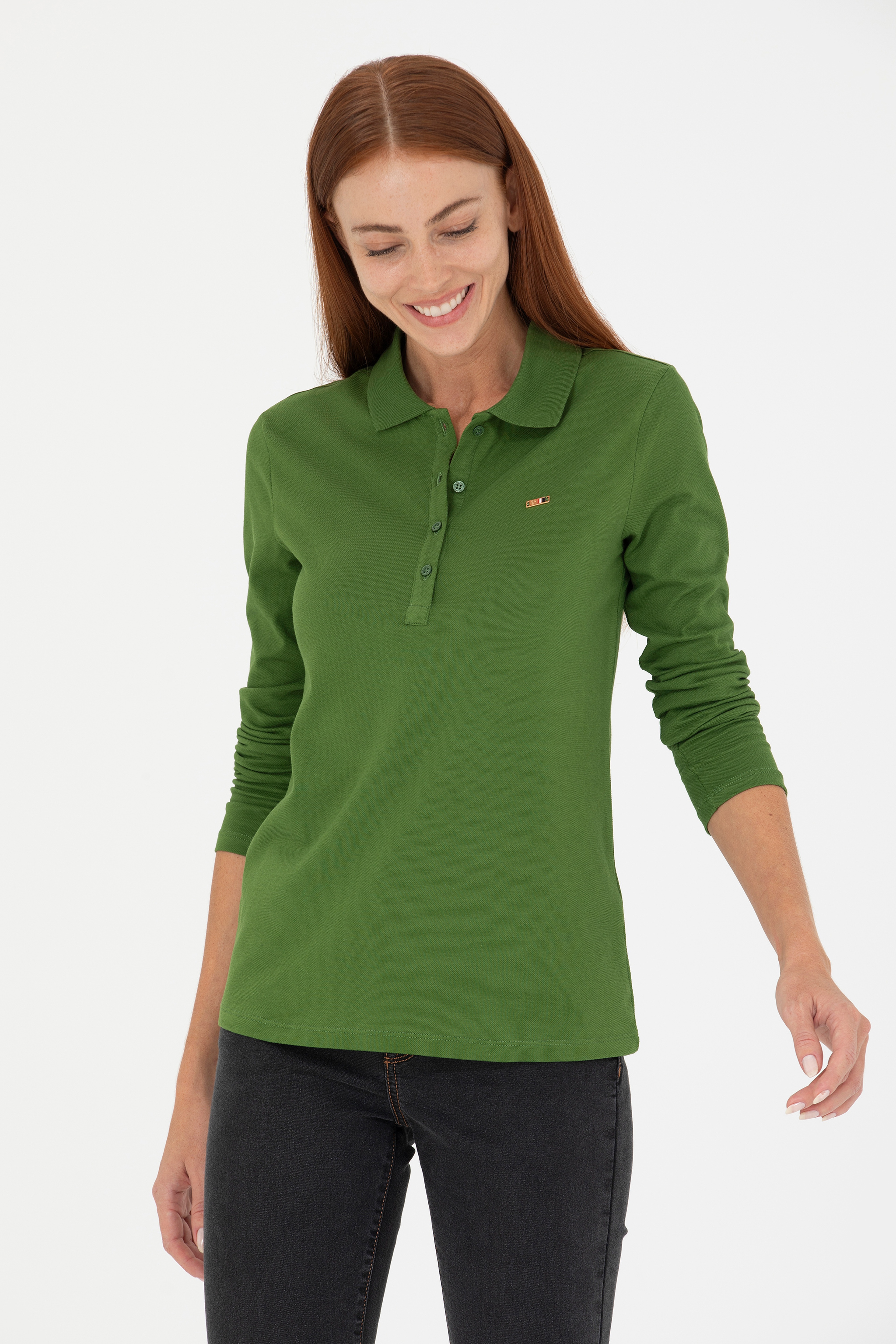 Kadın Yeşil Basic Polo Yaka Sweatshirt - Image 3