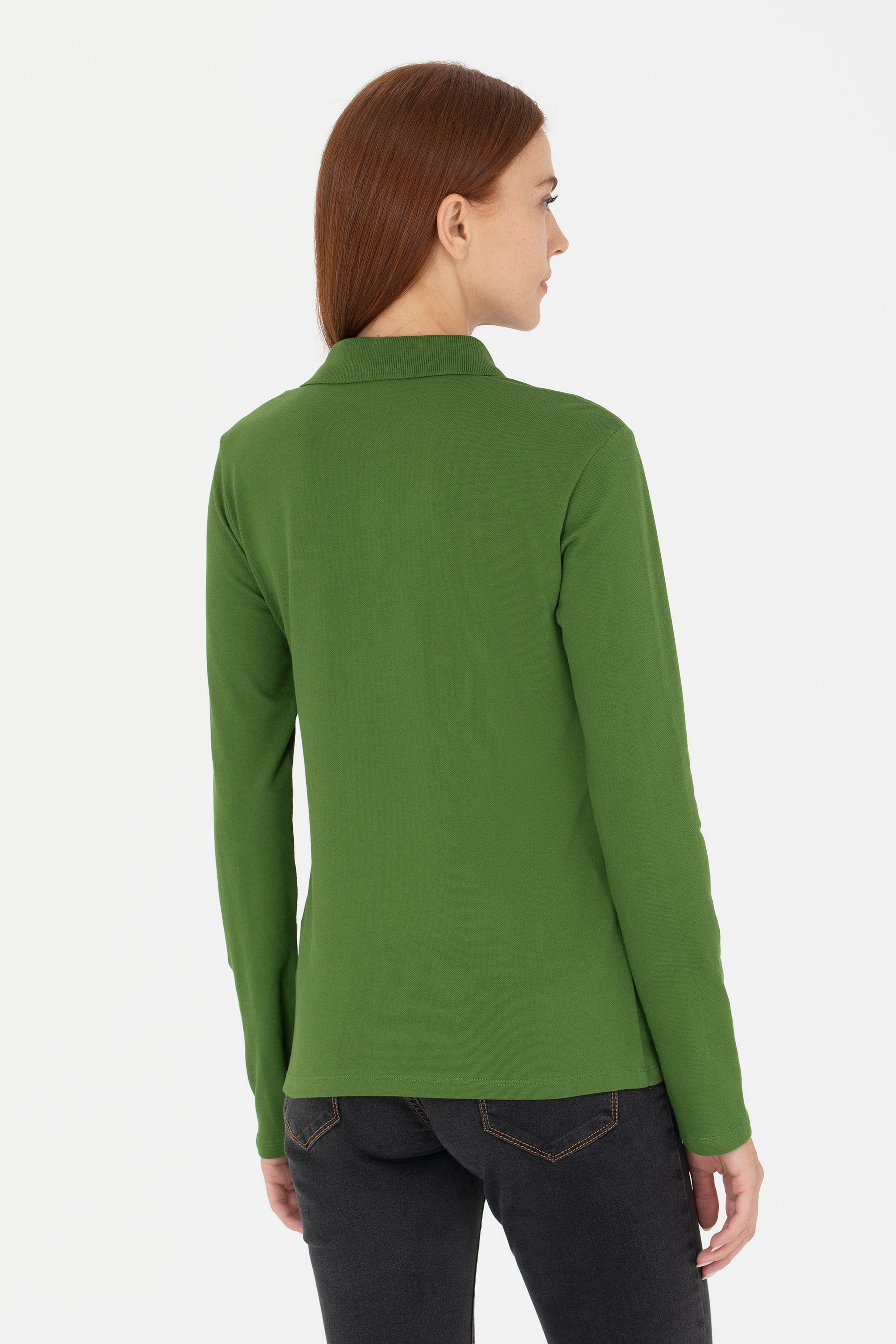 Kadın Yeşil Basic Polo Yaka Sweatshirt - Image 5