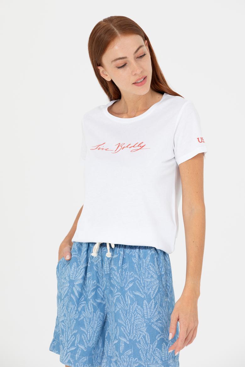 Kadın Beyaz Bisiklet Yaka Tişört - 50276717004