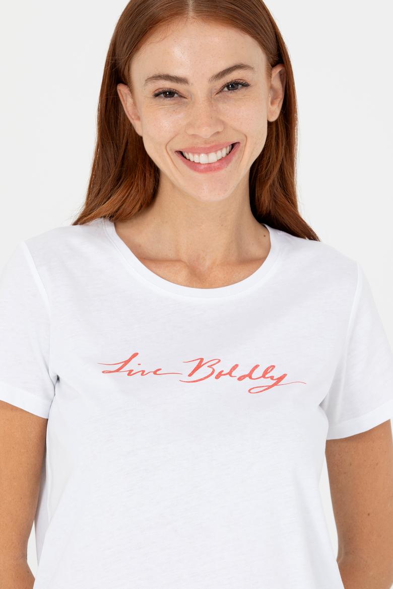 Kadın Beyaz Bisiklet Yaka Tişört - 50276717004