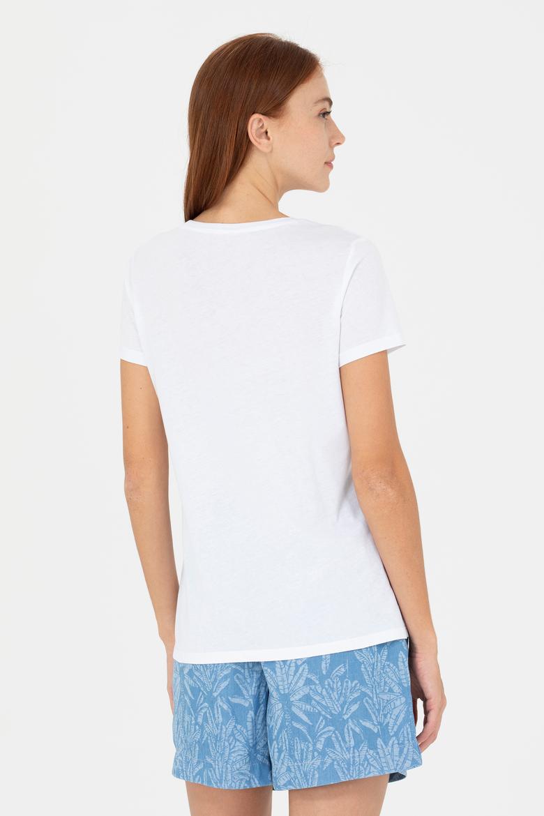 Kadın Beyaz Bisiklet Yaka Tişört - 50276717004