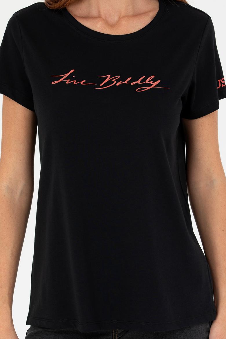 Kadın Siyah Bisiklet Yaka Tişört - 50276717021