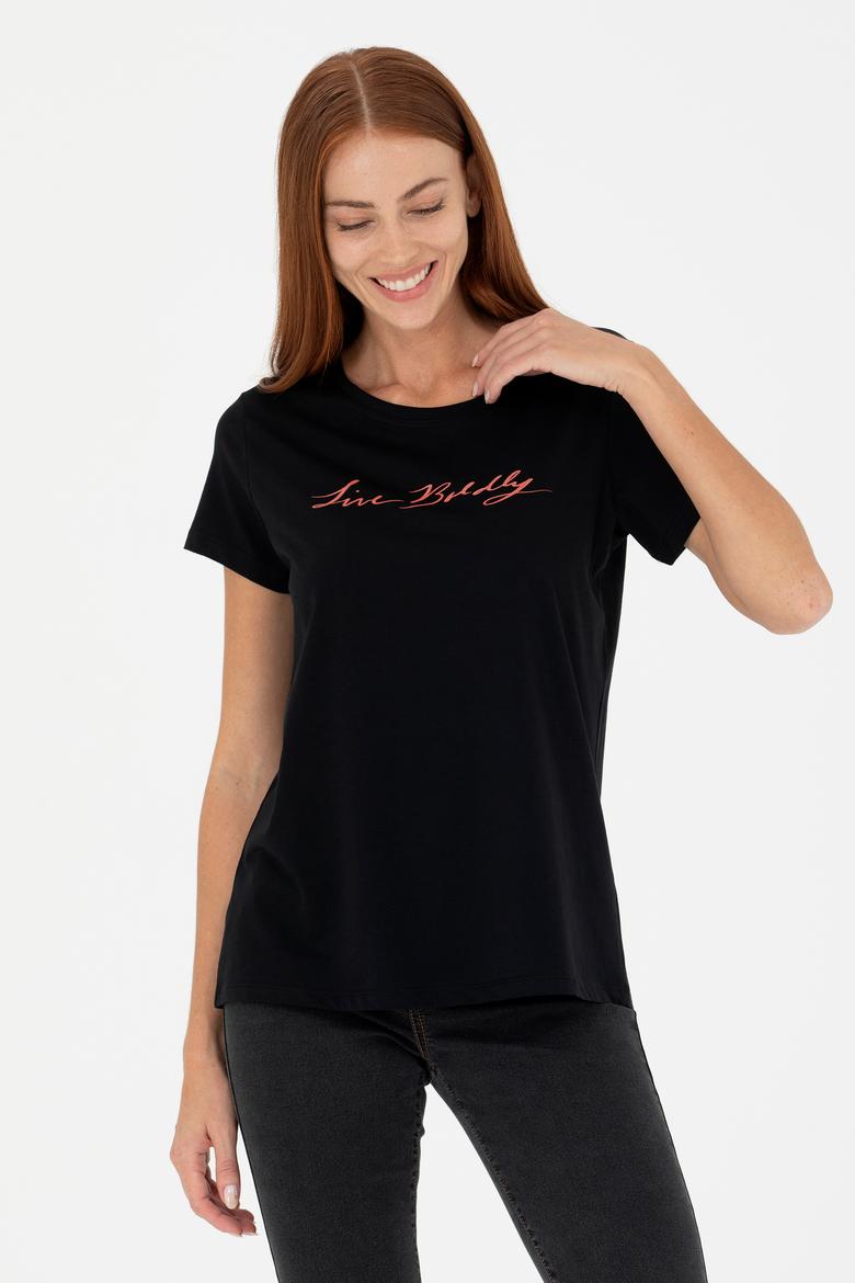 Kadın Siyah Bisiklet Yaka Tişört - 50276717021