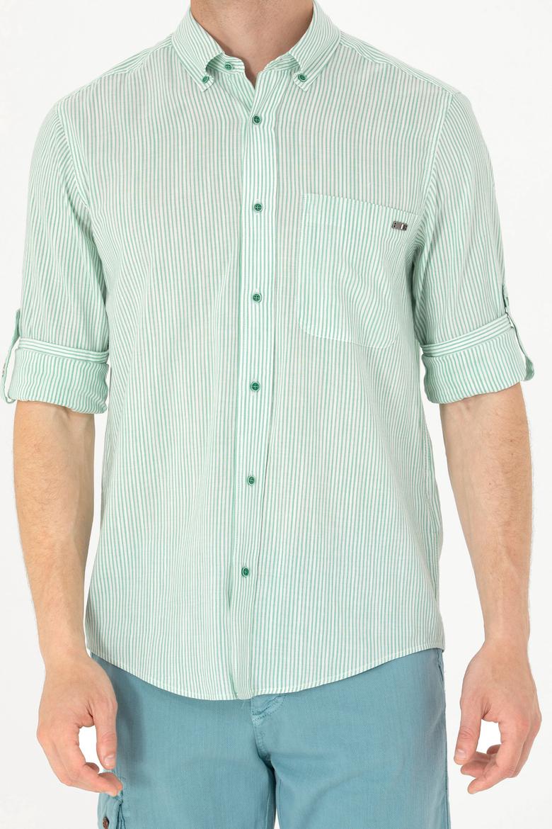 Erkek Yeşil Çizgili Beyaz Gömlek - 50263330017