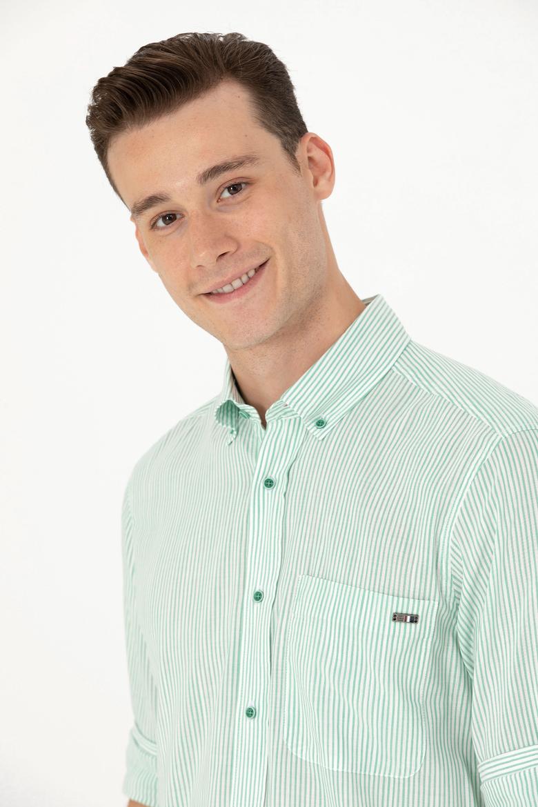 Erkek Yeşil Çizgili Beyaz Gömlek - 50263330017