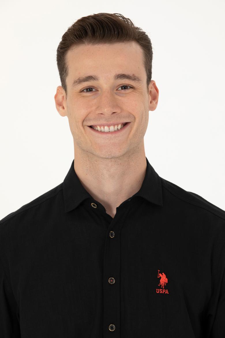 Erkek Siyah Keten Görünümlü Basic Gömlek - 50254189080