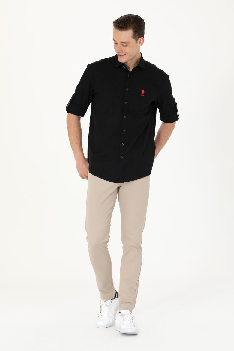 Erkek Siyah Keten Görünümlü Basic Gömlek - 50254189080