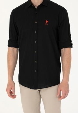 Erkek Siyah Keten Görünümlü Basic Gömlek - 50254189080