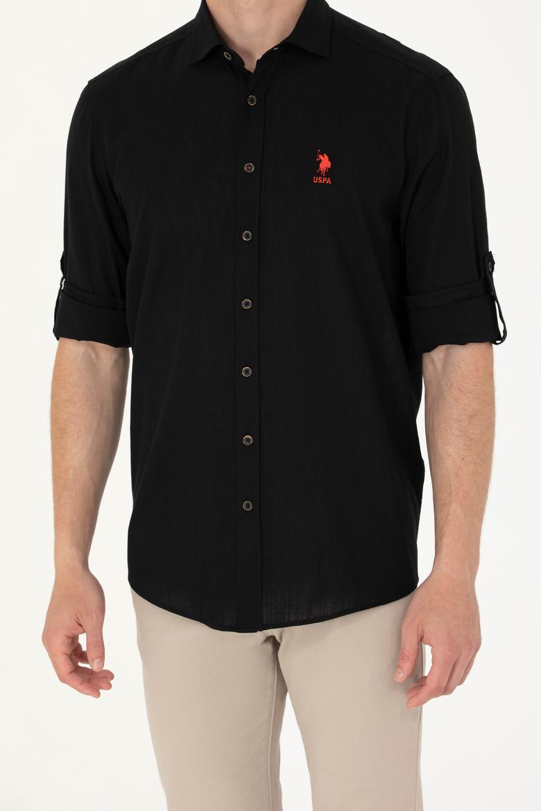 Erkek Siyah Keten Görünümlü Basic Gömlek - 50254189080