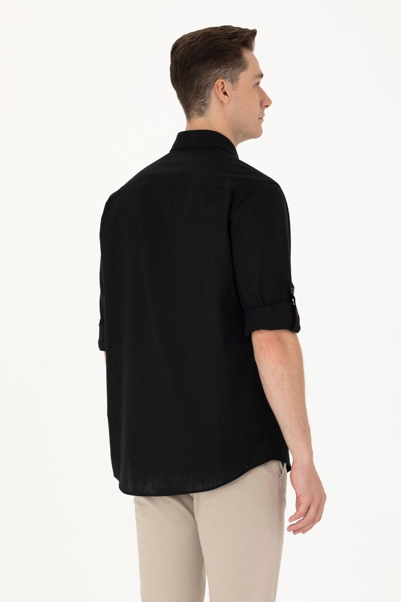 Erkek Siyah Keten Görünümlü Basic Gömlek - 50254189080